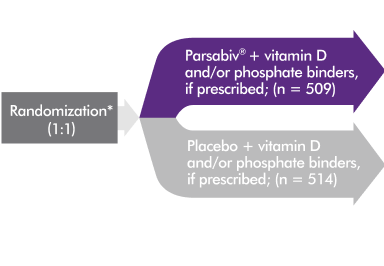 Randomization: Parsabiv® (n = 509) and Placebo (n = 514), plus vit. D and/or P binders, if prescribed